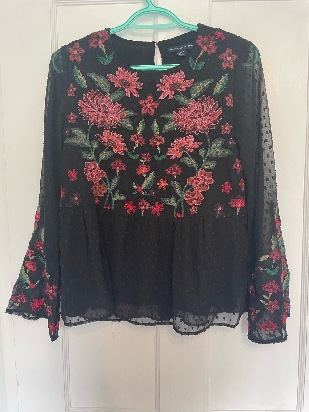 American Eagle Floral Embroidered Black Peplum Blouse - Women